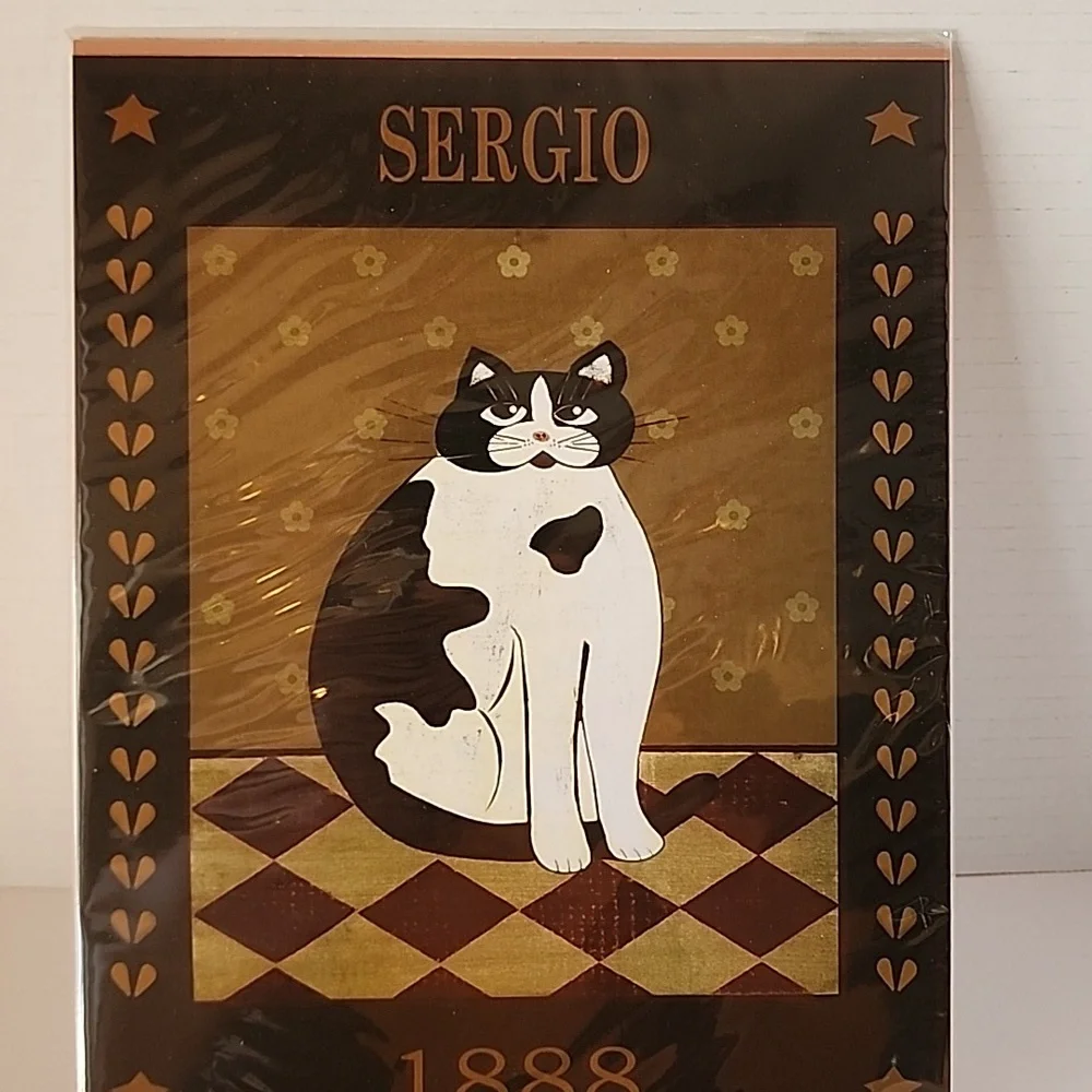 Sergio Cat Wall Art Print Black & White Folk Art Cats Matted 2 Prints Included